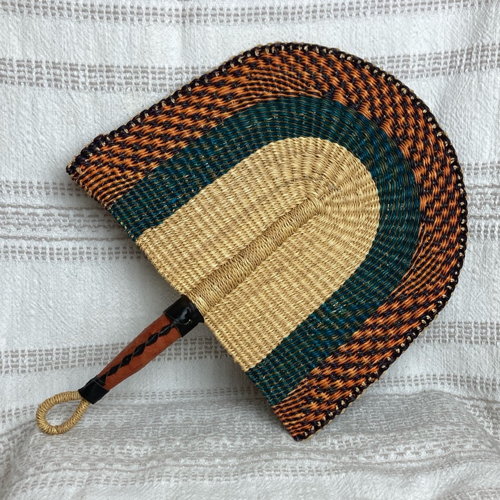 Woven Straw and Leather Hand Fan